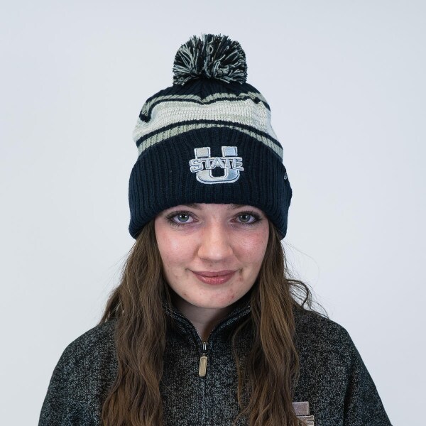 utah state striped pom pom beanie